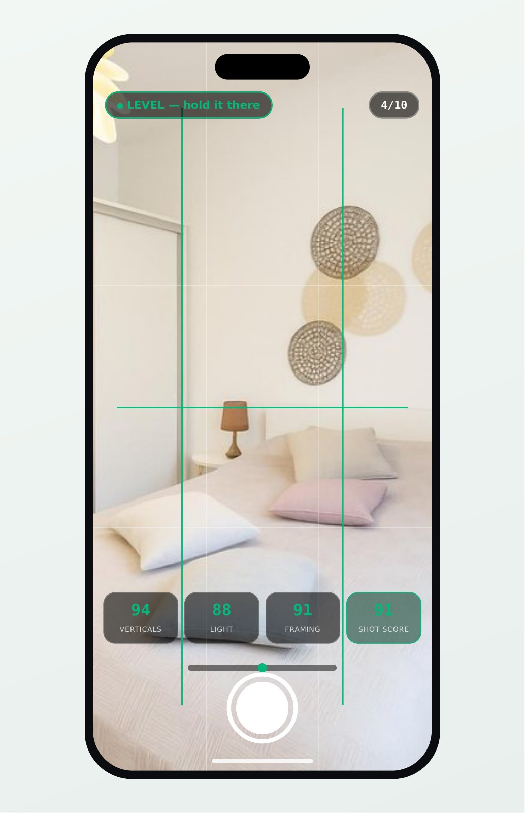 The AI Camera guiding a listing shot with live level lines and framing score