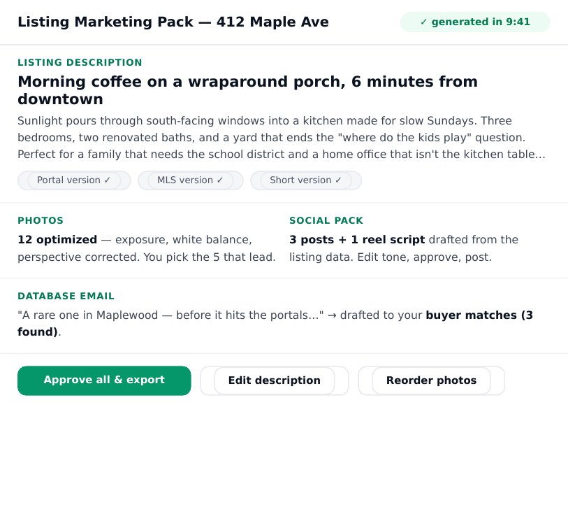 Pitchific listing marketing pack — description, photos, social and database email generated